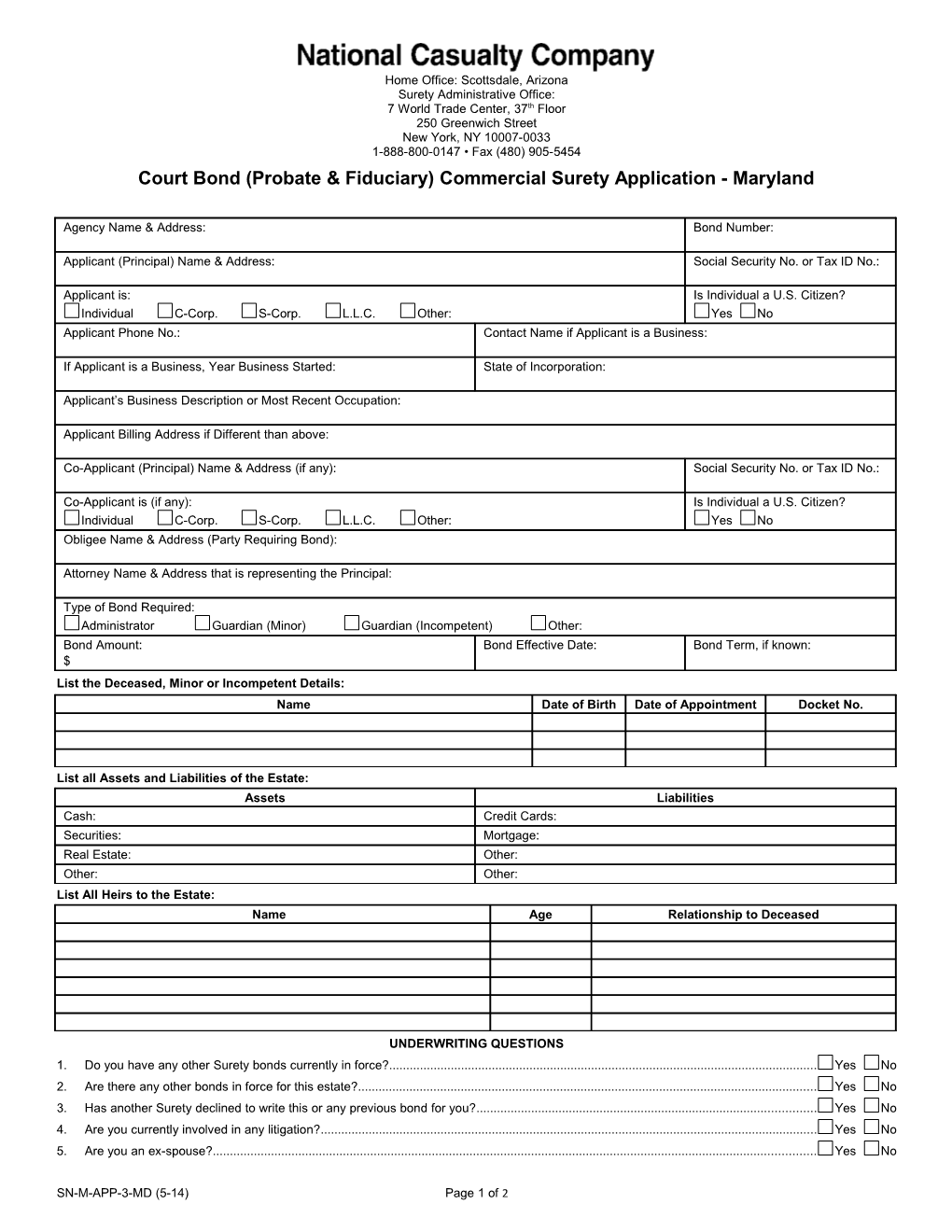 Court Bond (Probate & Fiduciary) Commercial Surety Application
