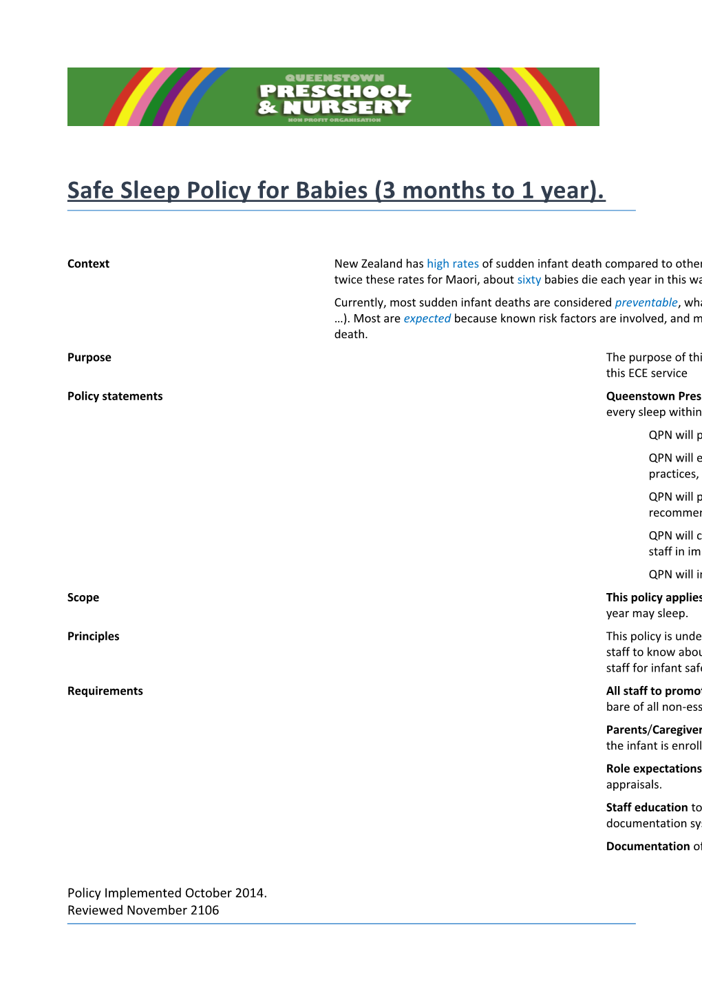 Safe Sleep Policy for Babies (3 Months to 1 Year)