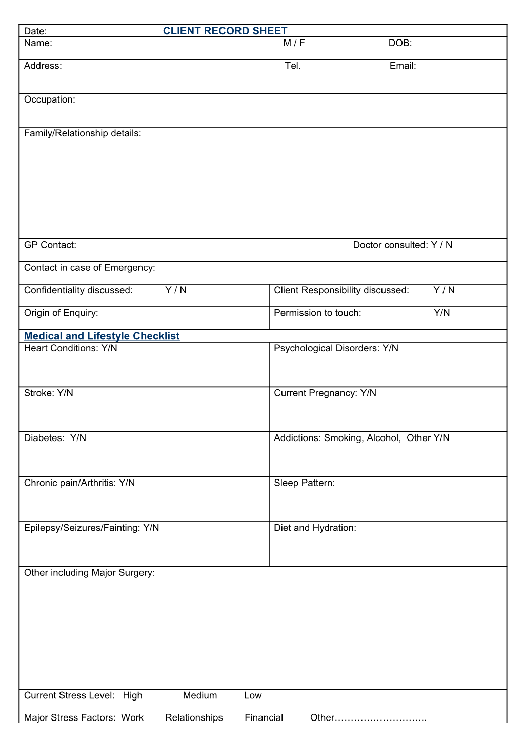 Ef Therapies Client Record Card