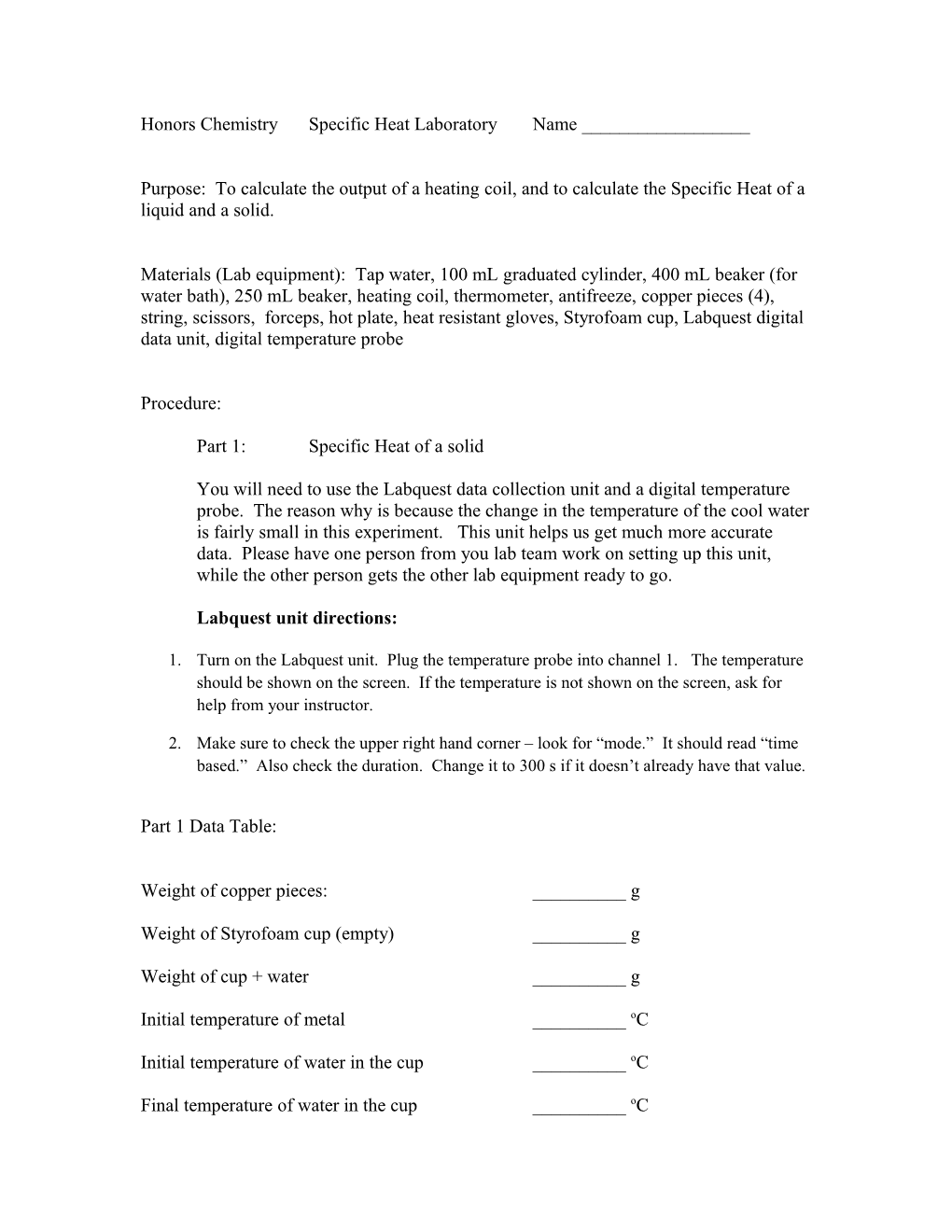 Honors Chemistryspecific Heat Laboratoryname ______