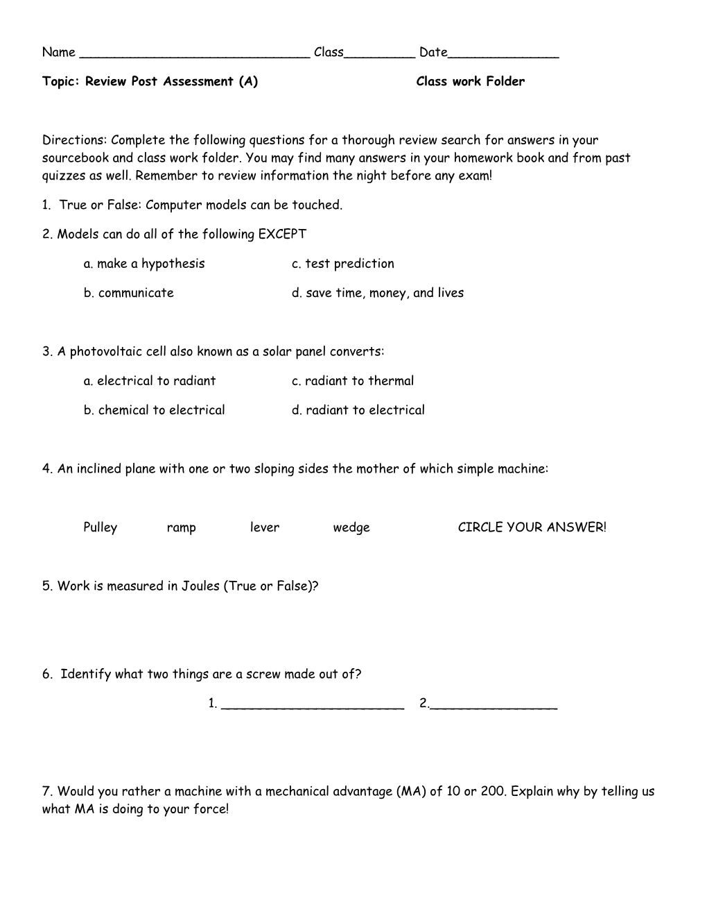 Topic: Review Post Assessment(A) Class Work Folder