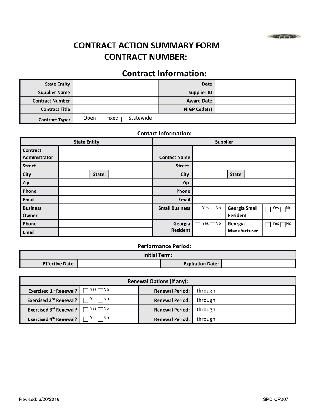 Contract Action Summary Form