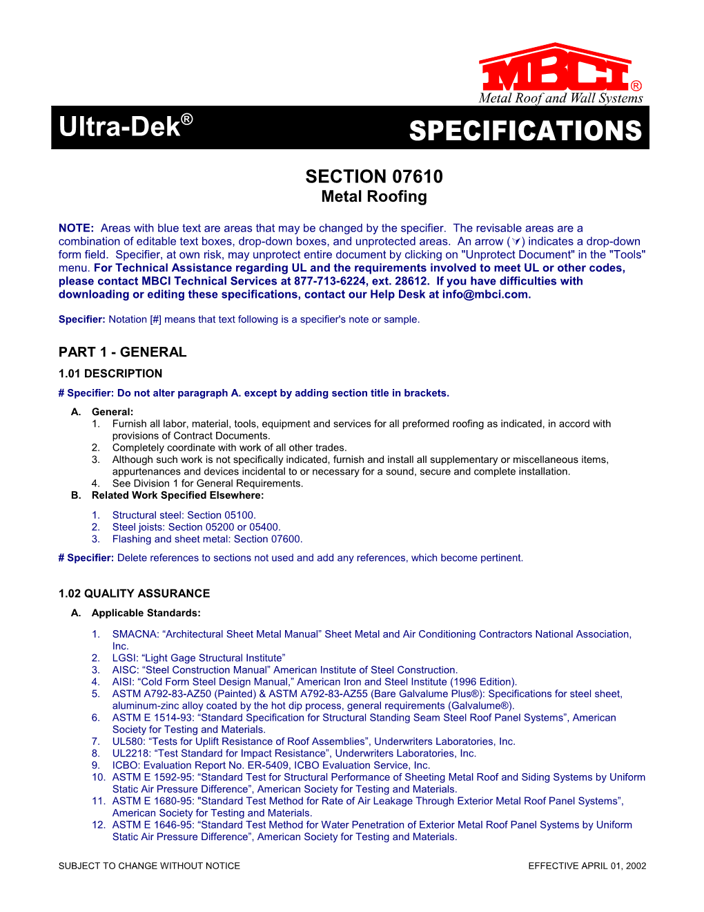 Ultra-Dek Specifications for Architects