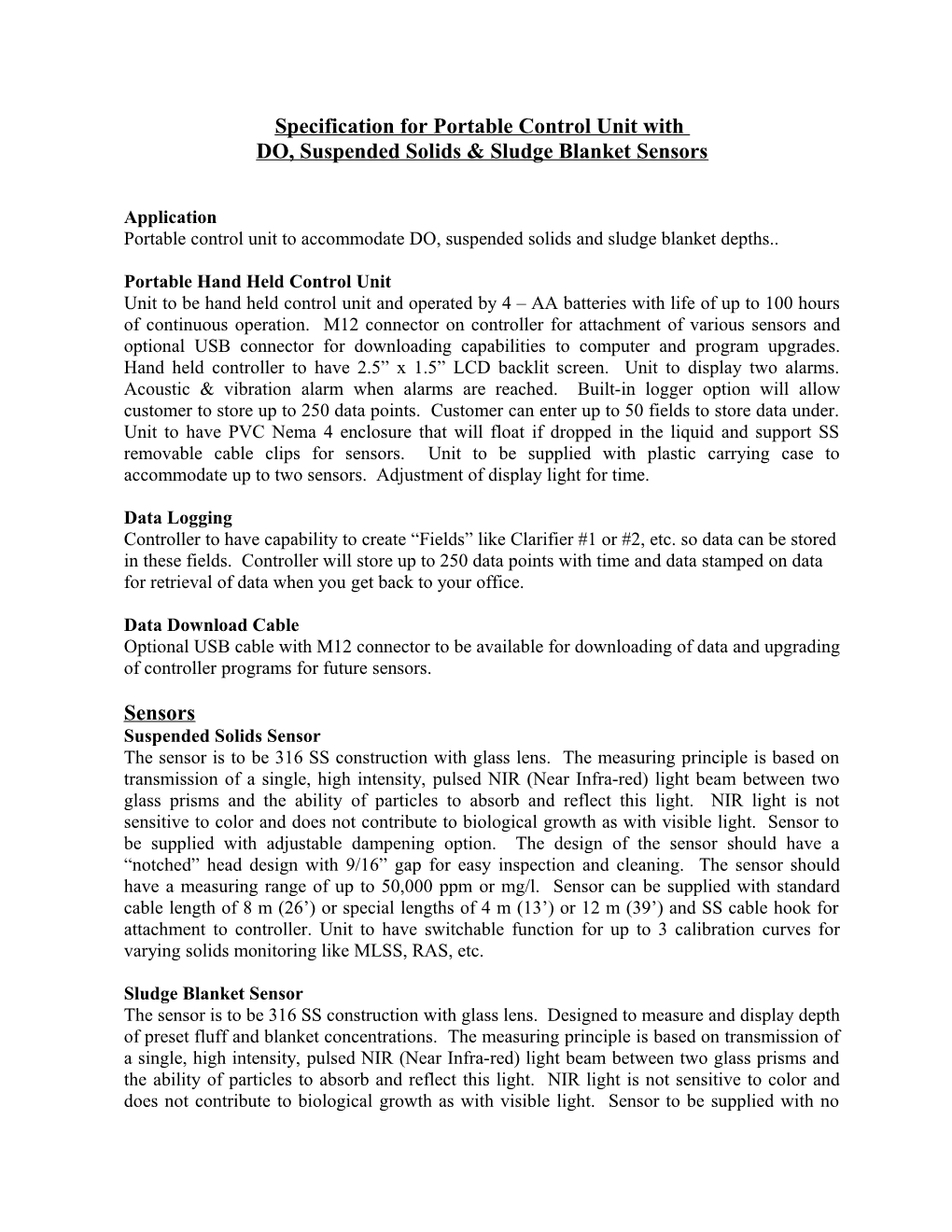 Specification for Portable Sludge Blanket Monitor