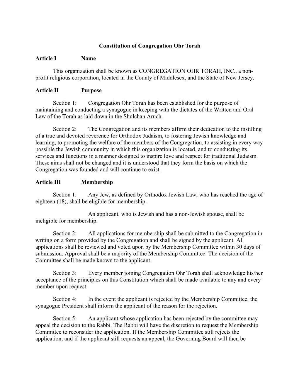 Constitution of Congregation Ohr Torah