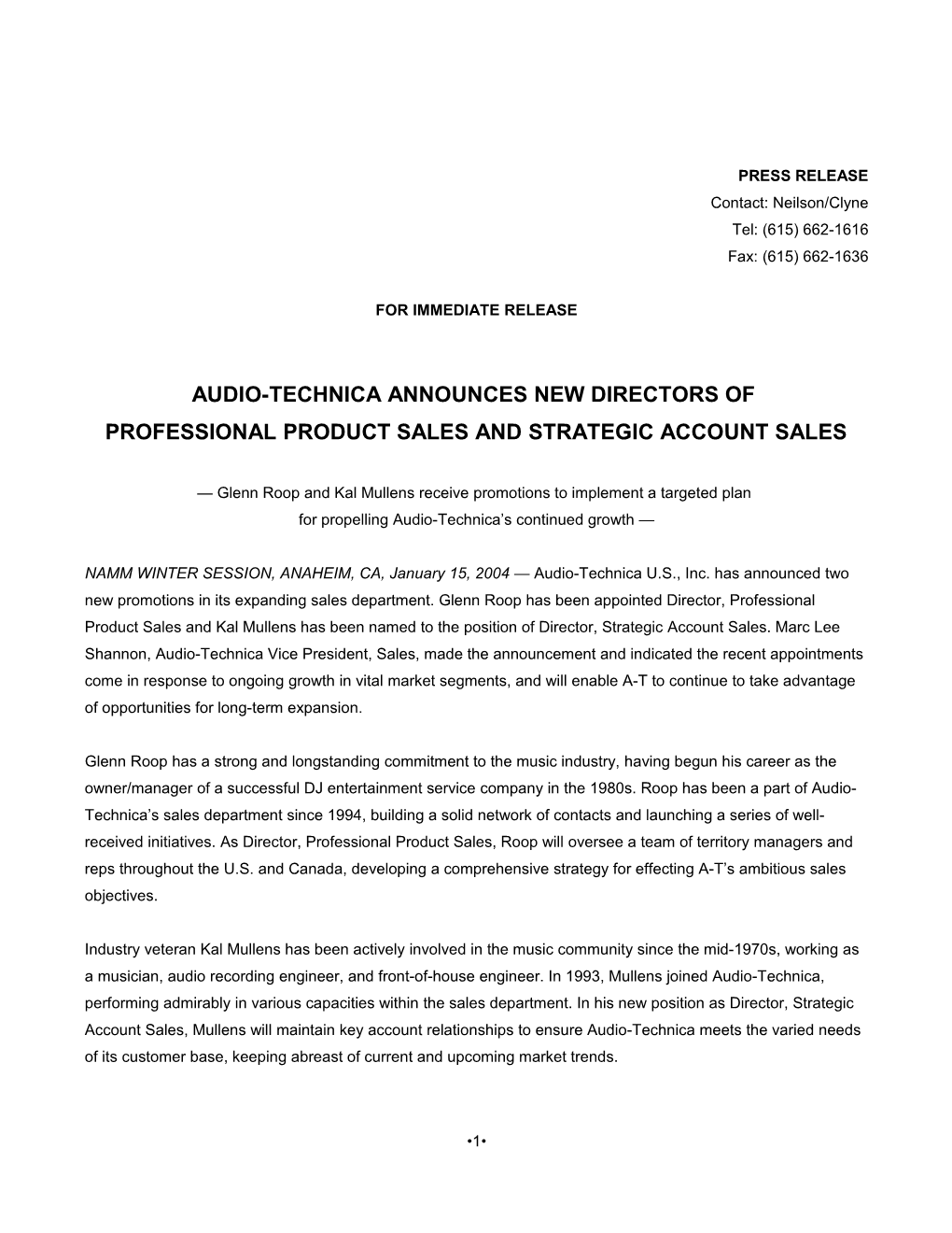 Audio-Technica Announces New Directors Of