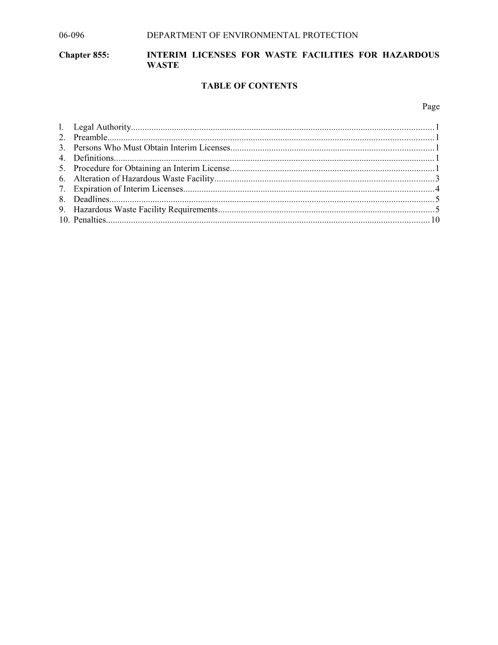 Chapter 855:Interim Licenses for Waste Facilities for Hazardous Waste