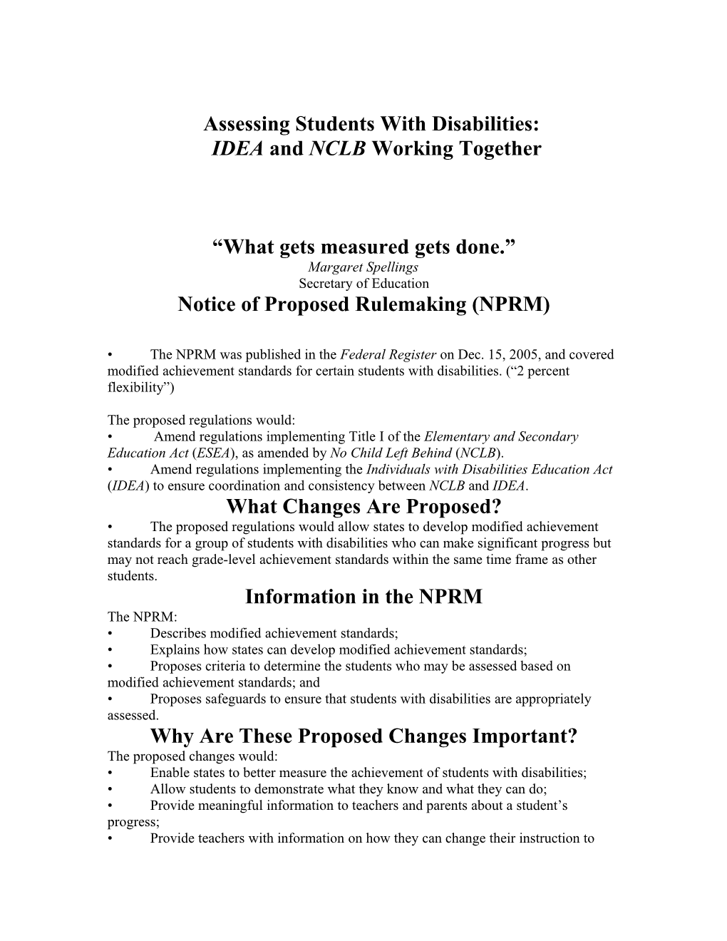 Assessing Students with Disabilities: IDEA and NCLB Working Together January 2006 (Msword)