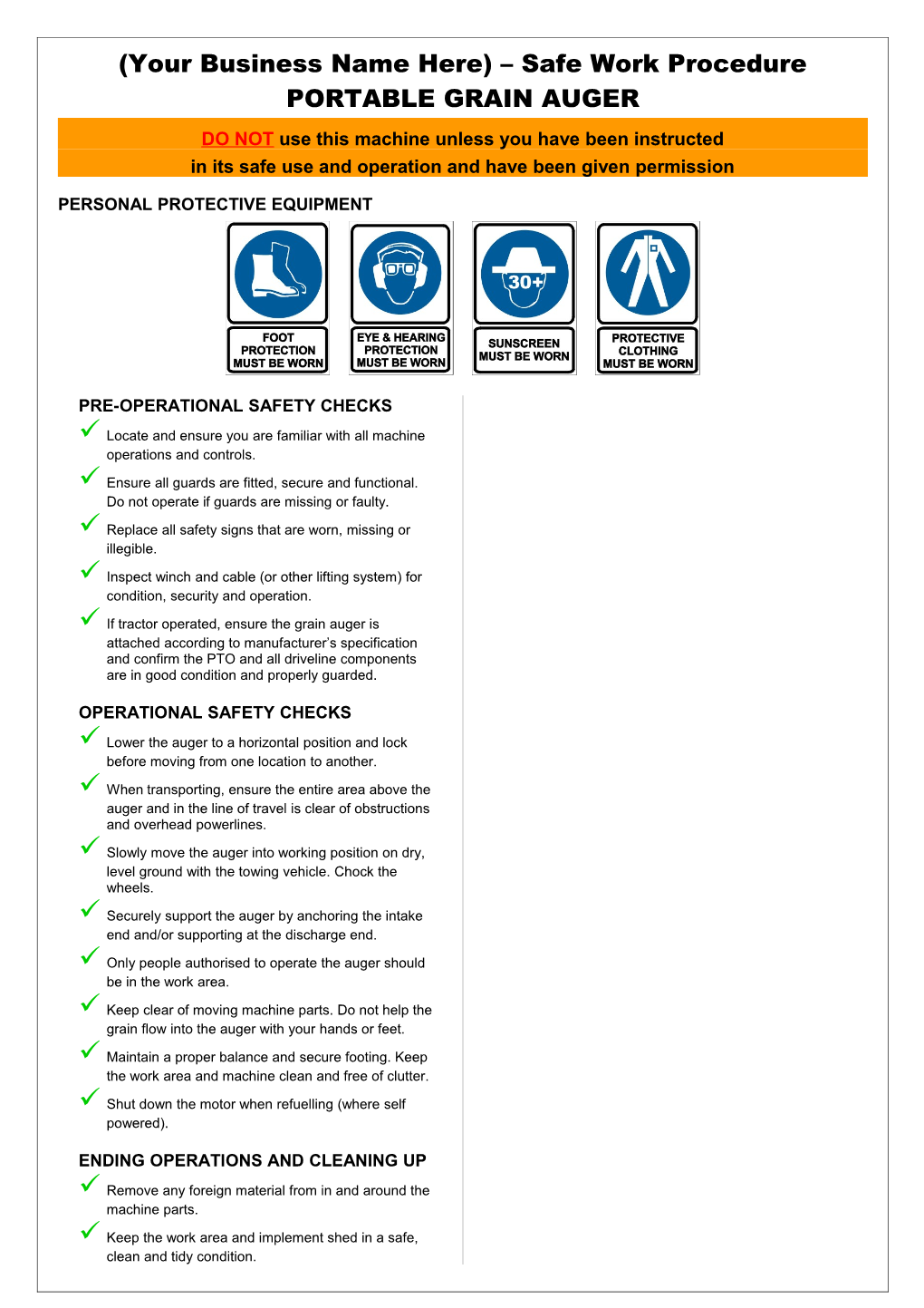 Safety Operating Procedures - Portable Grain Auger