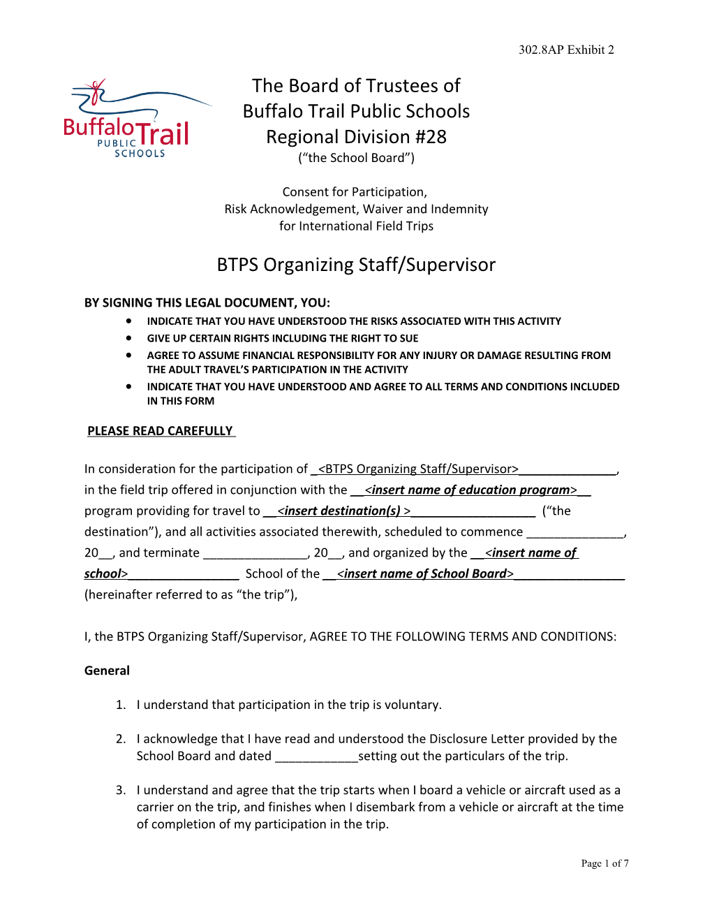 Buffalo Trail - International Field Trips Consent Form - 2015/16 (00057741)