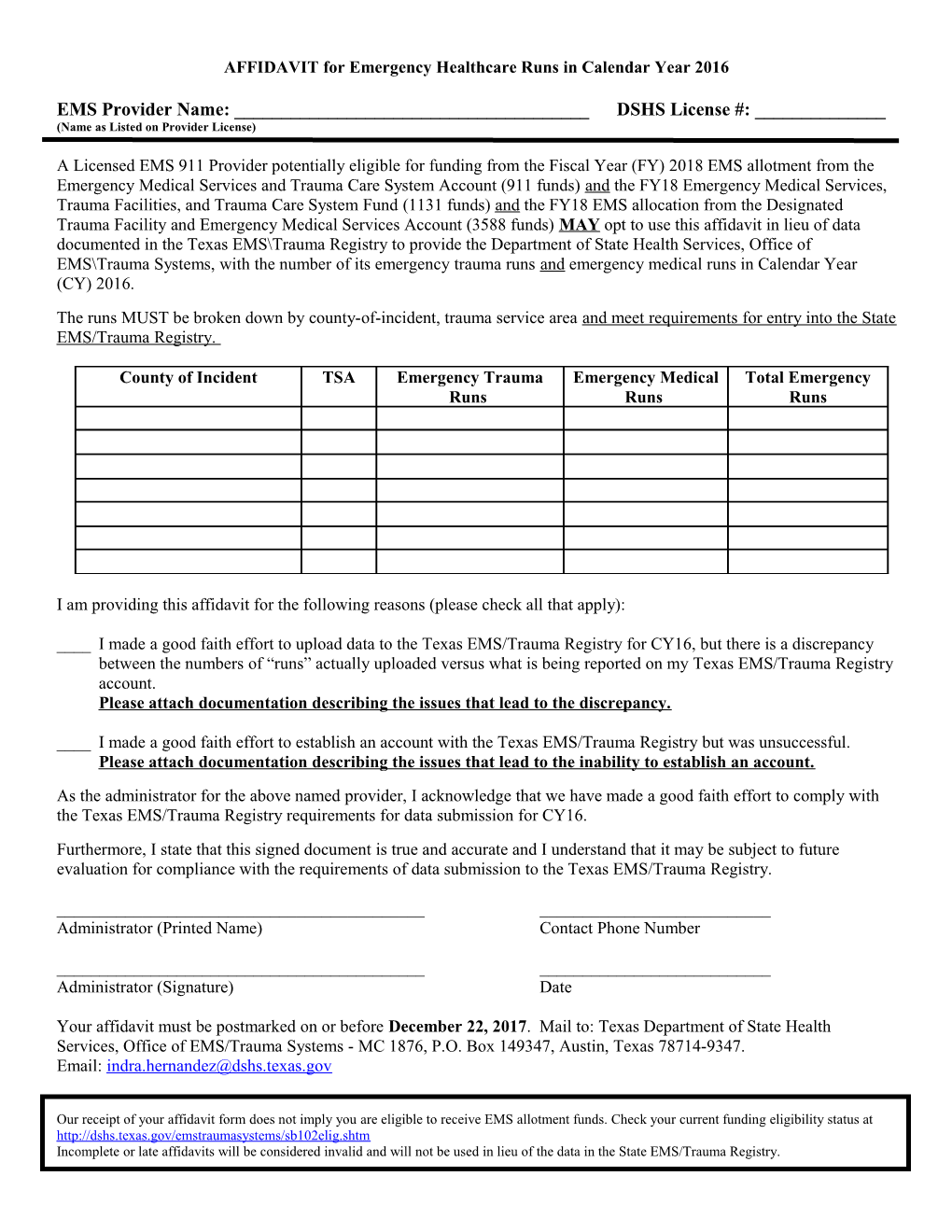 AFFIDAVIT for Emergency Healthcare Runs in 2016