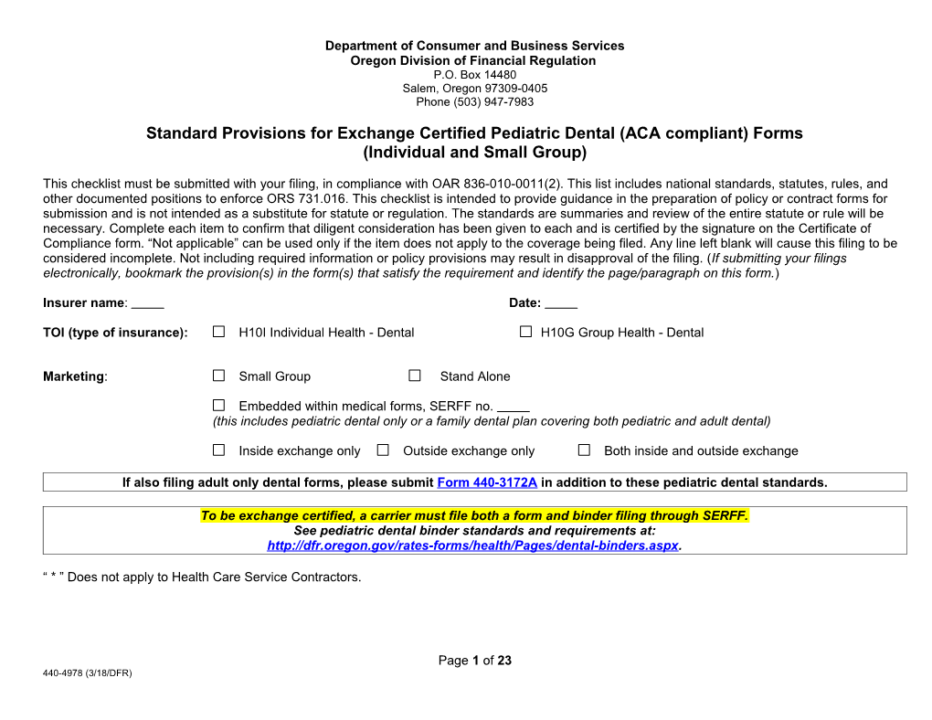 Provisions for Exchange Certified Pediatric Dental Forms