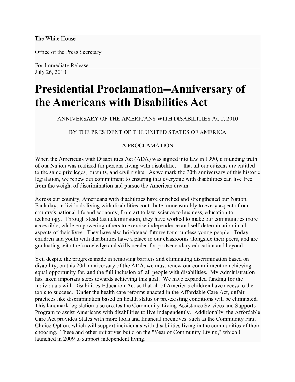 Presidential Proclamation Anniversary of the Americans with Disabilities Act