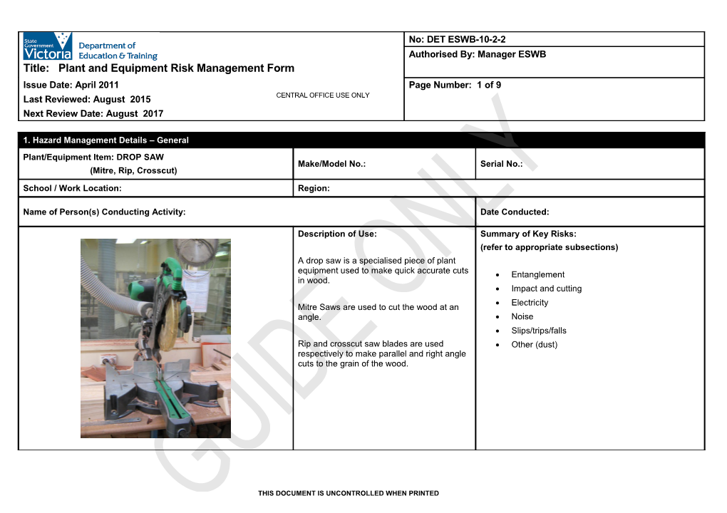 Plant and Equipment Risk Management Form - Drop Saw