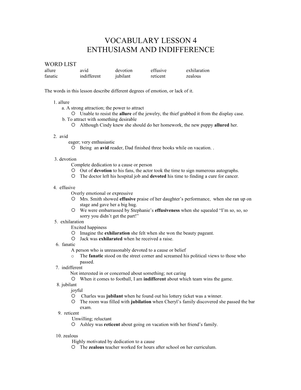 The Words in This Lesson Describe Different Degrees of Emotion, Or Lack of It