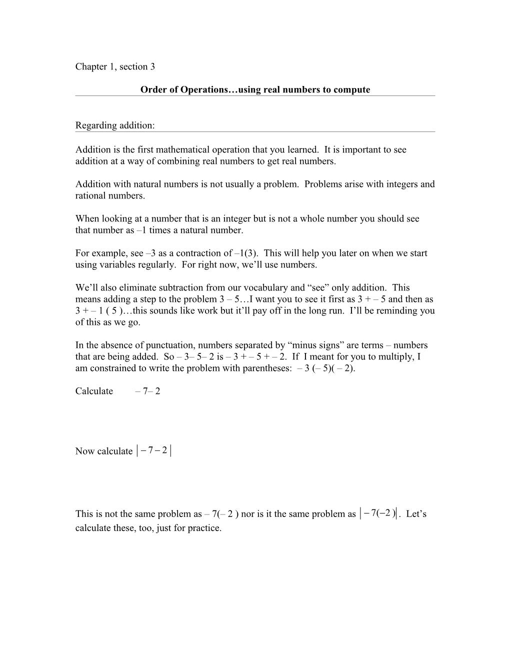 Order of Operations Using Real Numbers to Compute