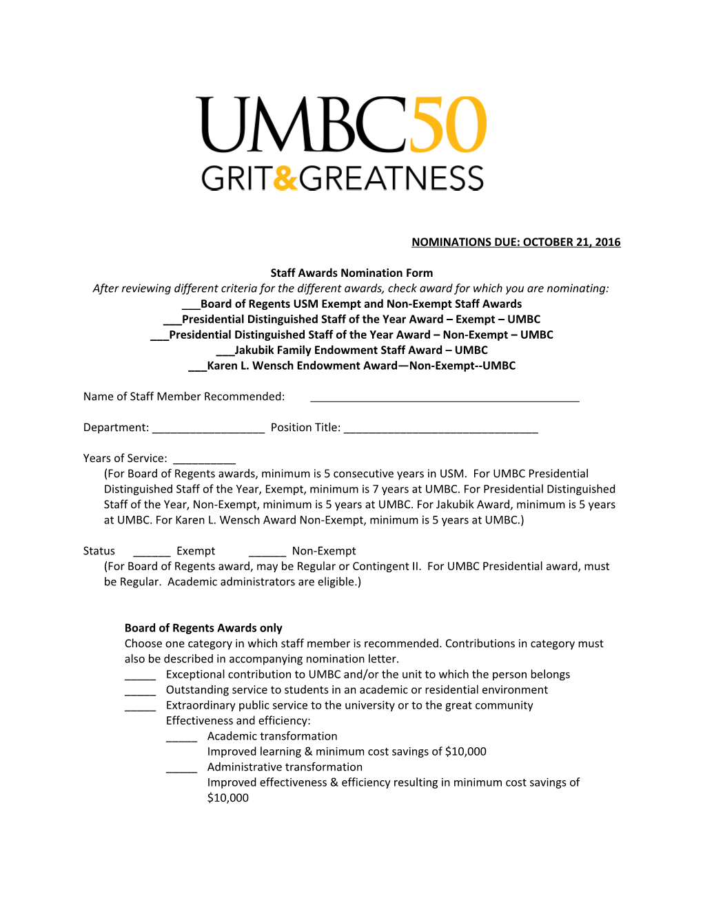 UMBC Staff Awards Nomination Form