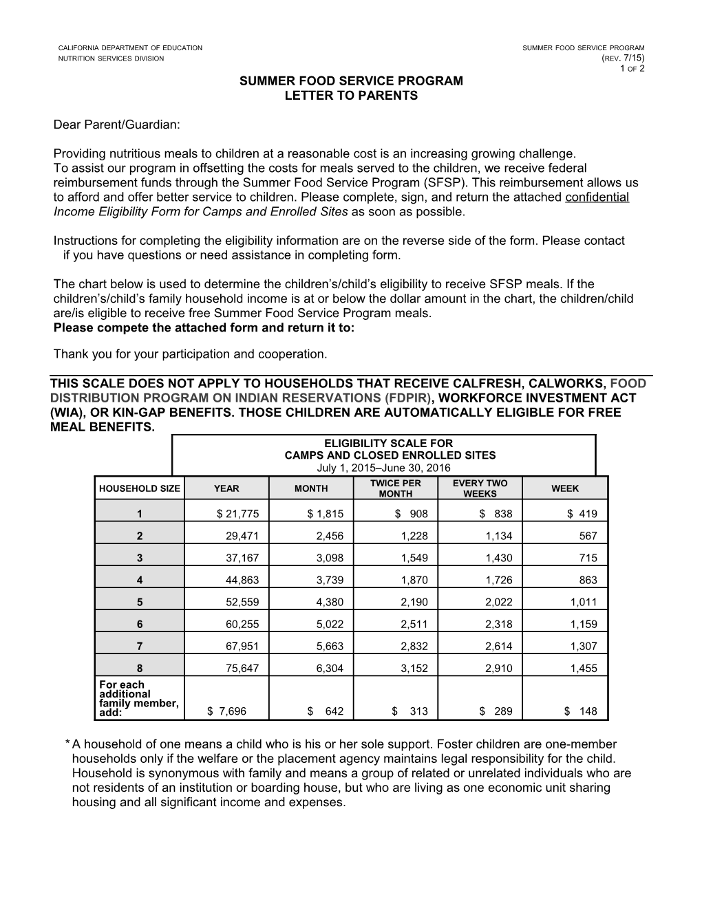Meal Benefit Form - Child and Adult Care Food Program (CA Dept of Education)