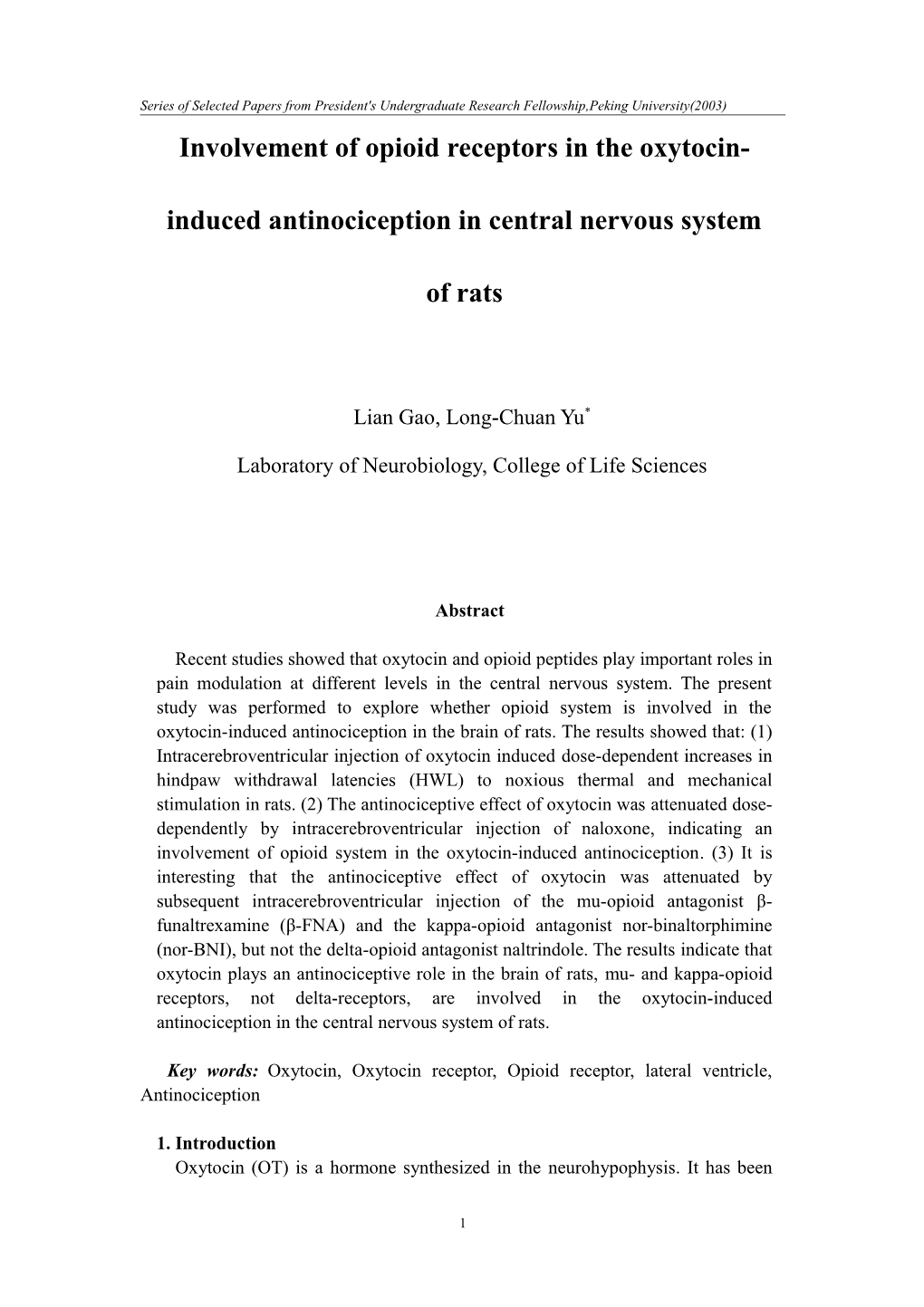 Antinociceptive Role of Oxytocin in the Nucleus Raphe Magnus of Rats, an Involvement Of