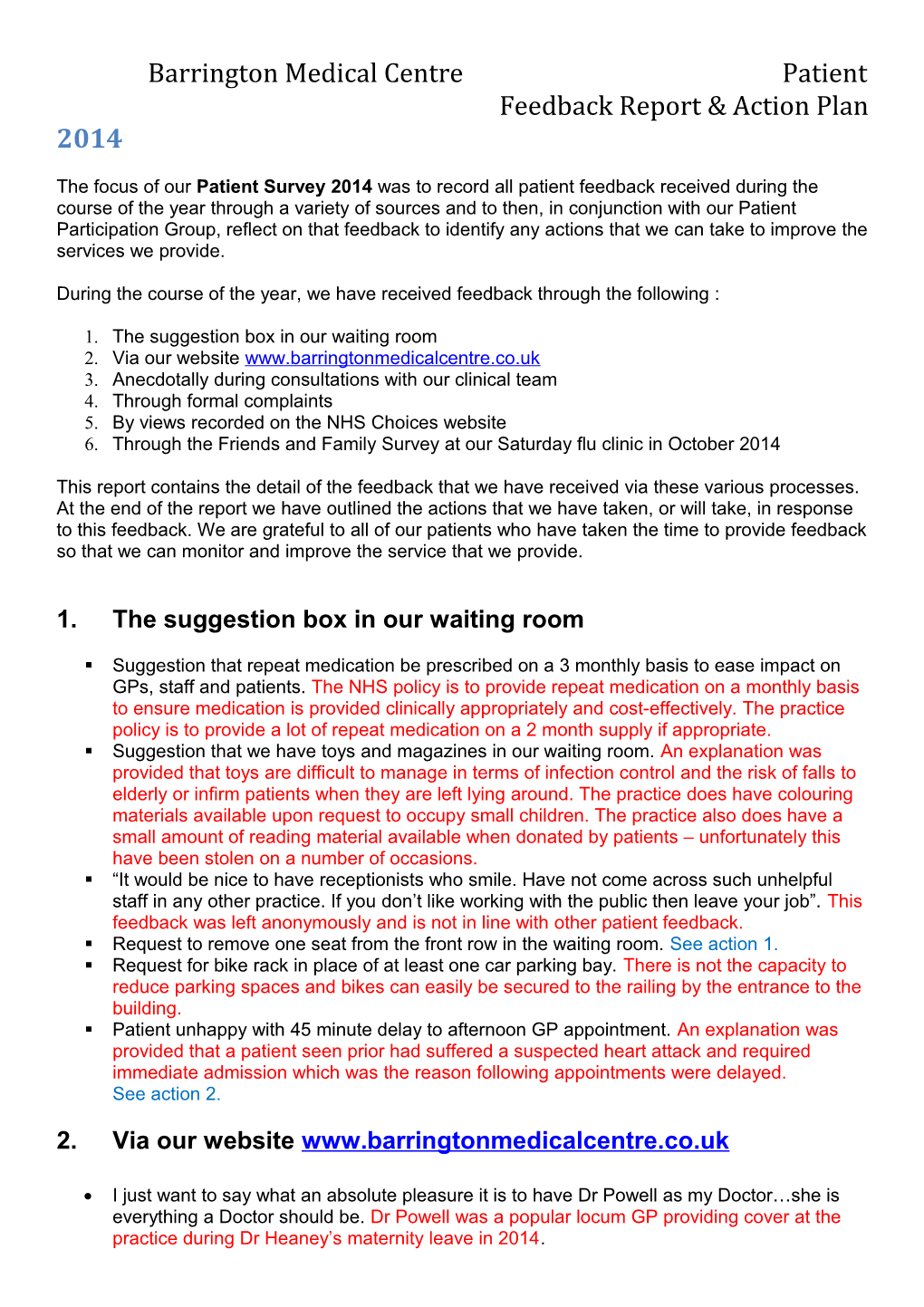 Barrington Medical Centre Patient Feedback Report & Action Plan