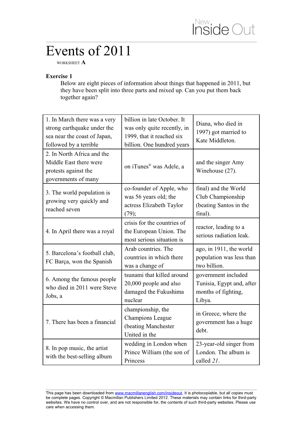 Events of 2011 Worksheet A