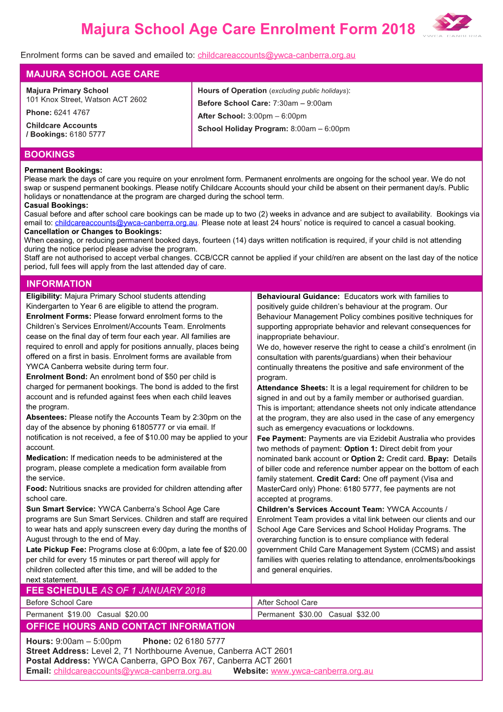 Majuraschool Age Care Enrolment Form 2018