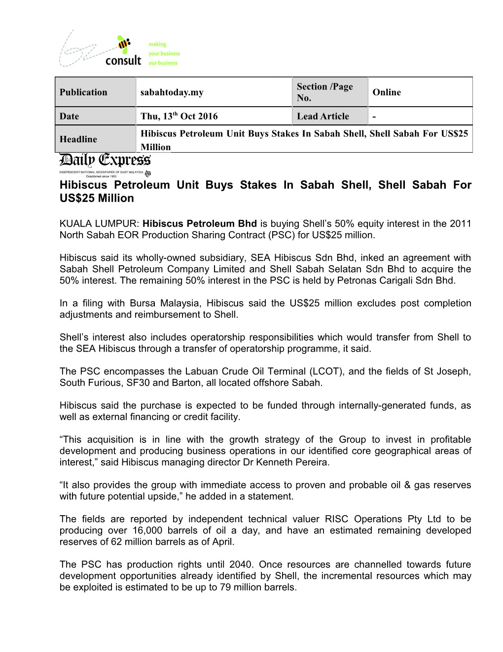 Hibiscus Petroleum Unit Buys Stakes in Sabah Shell, Shell Sabah for US$25 Million