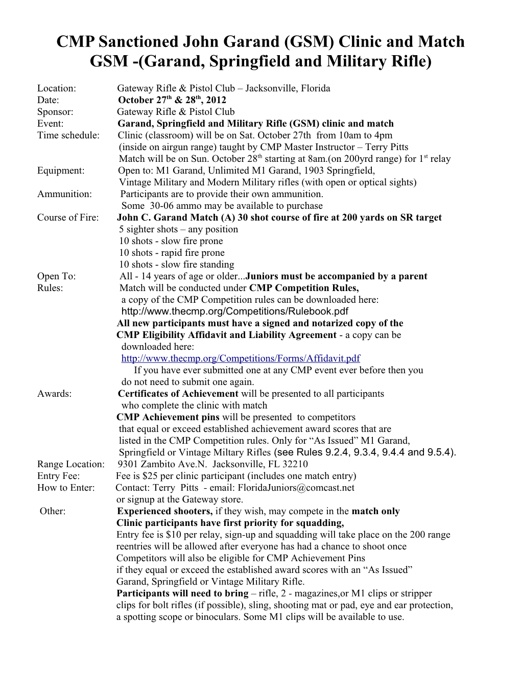 CMP Sanctioned John Garand (GSM) Clinic and Match