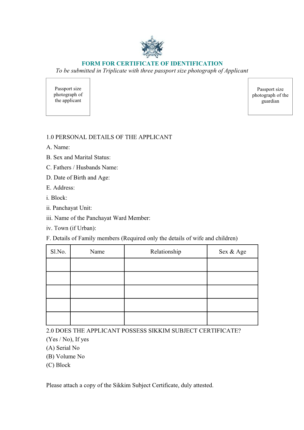 Form for Certificate of Identification
