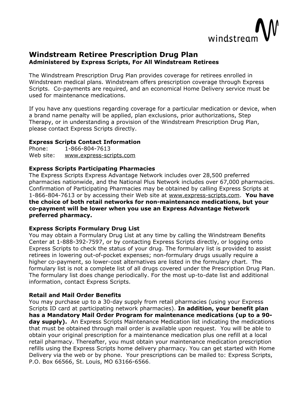 Windstream Prescription Drug Plan