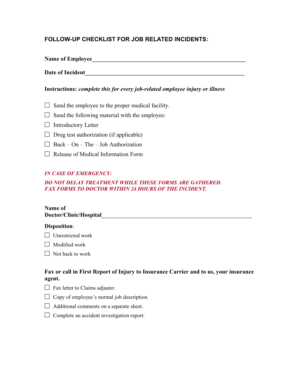 Follow-Up Checklist for Job Related Incidents