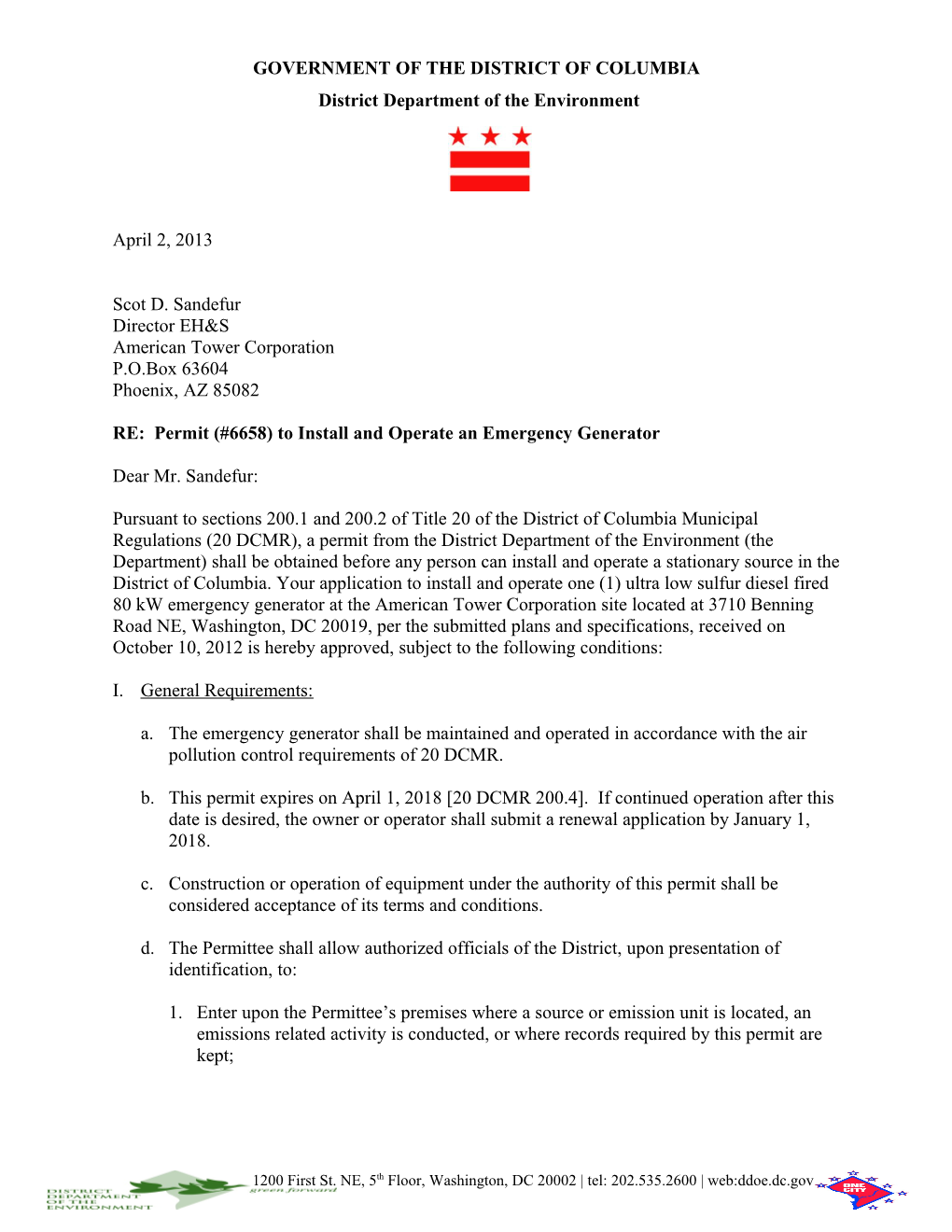 Permit (#6658) to Install and Operate an Emergency Generator