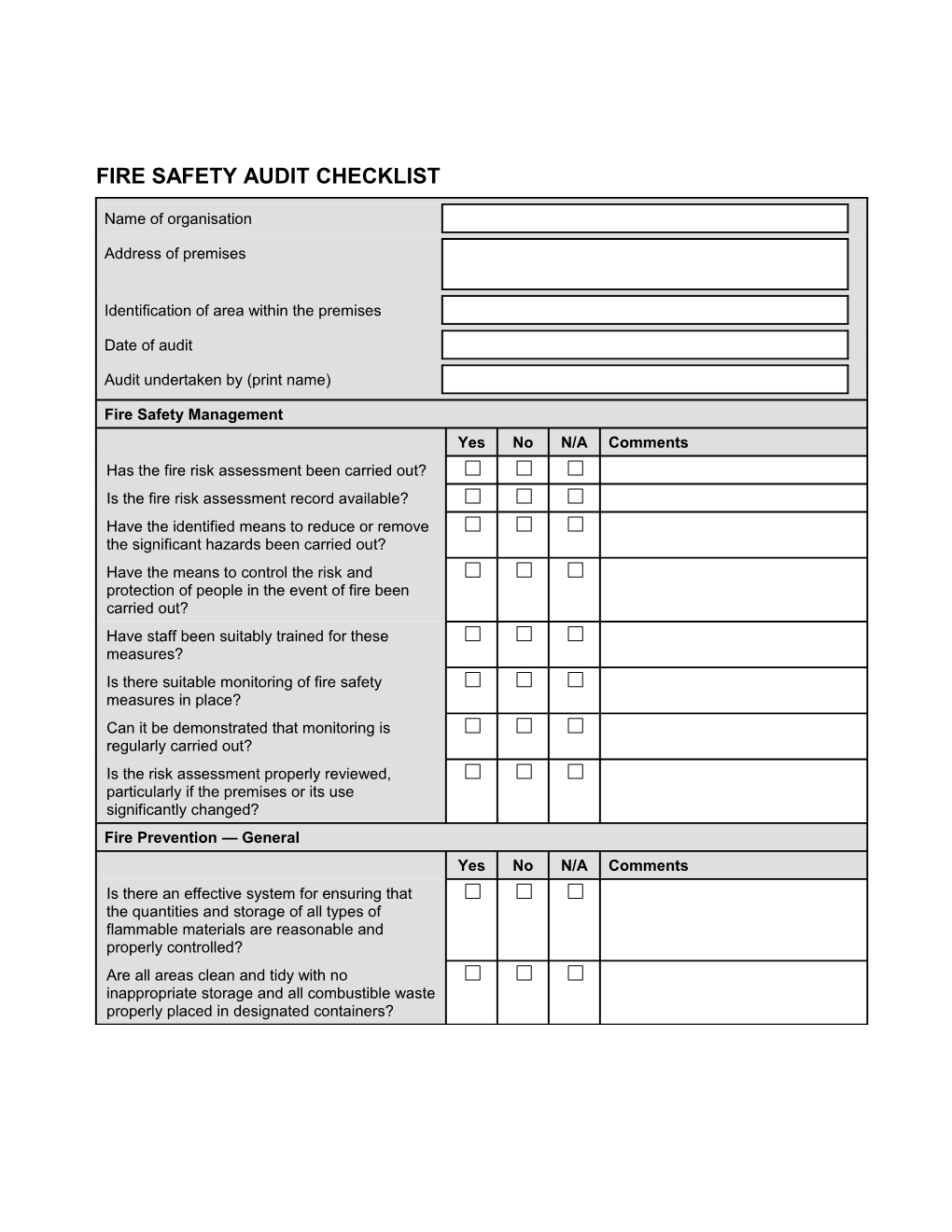 Fire Safety Audit Checklist