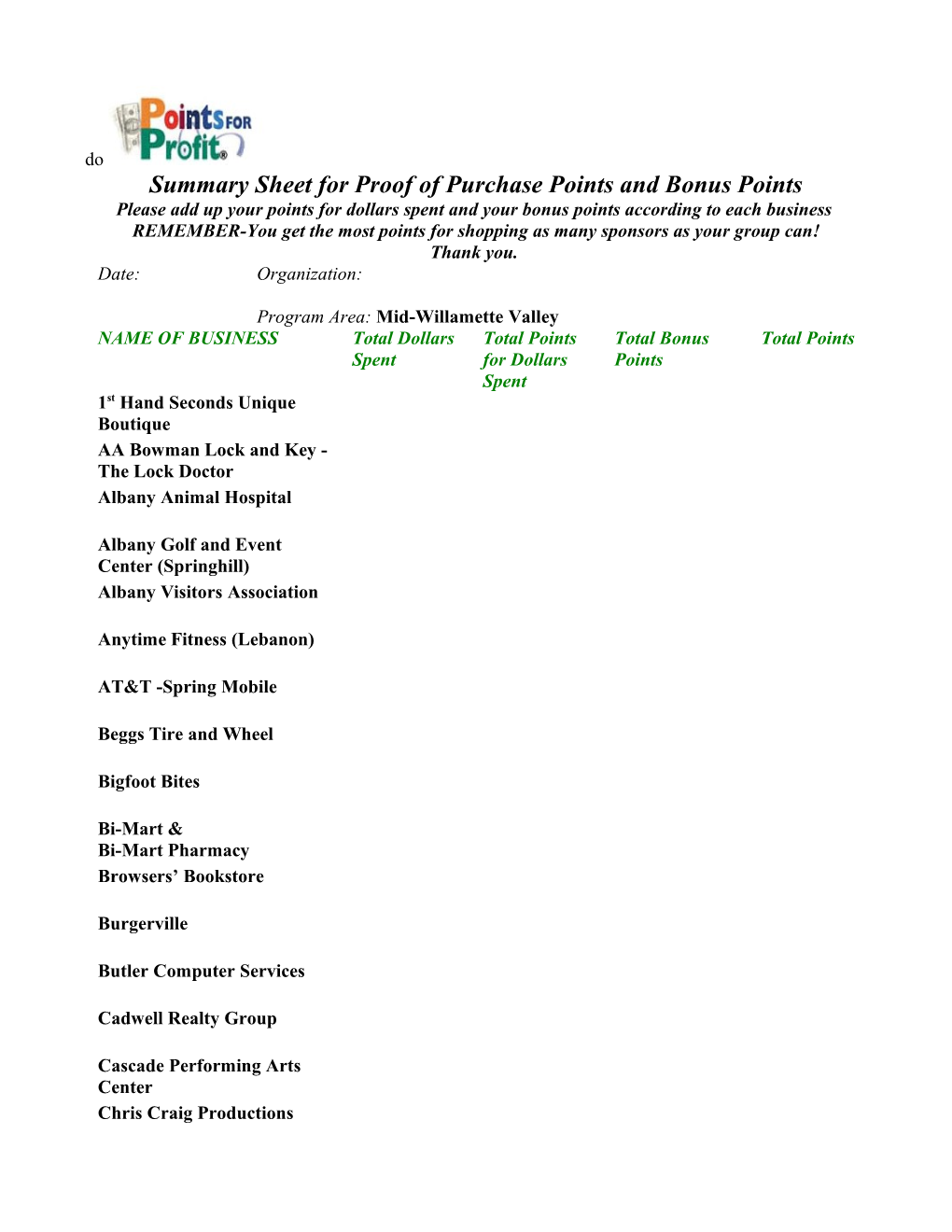 Summary Sheet for Proof of Purchase Points and Bonus Points