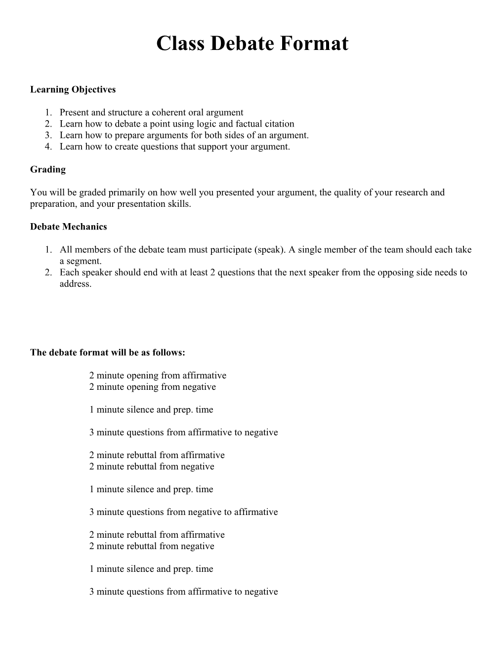 Class Debate Format