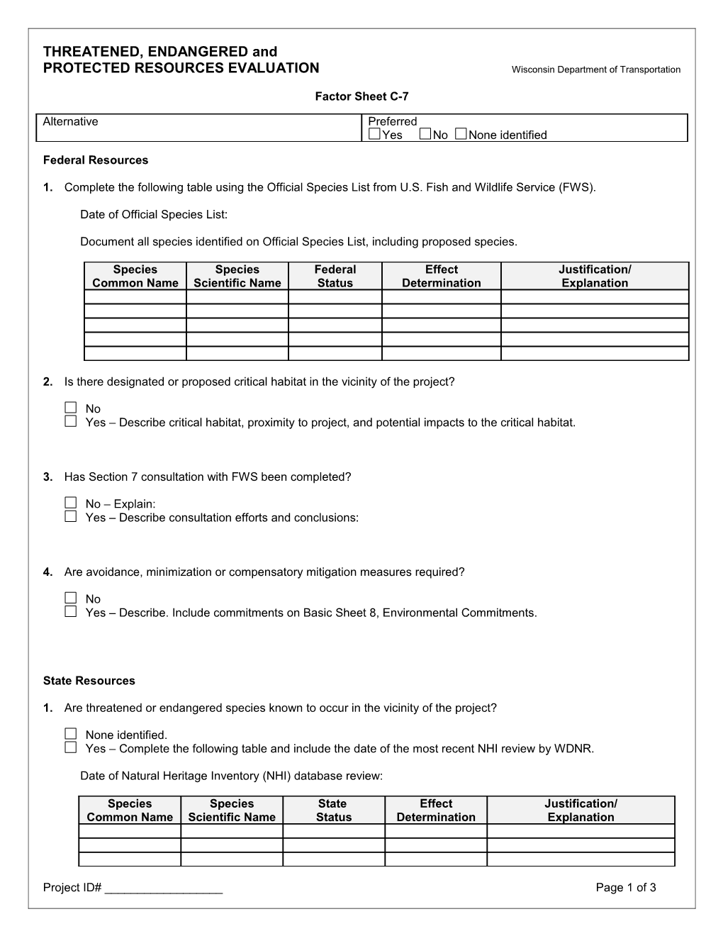 Threatened and Endangered Species Evaluation