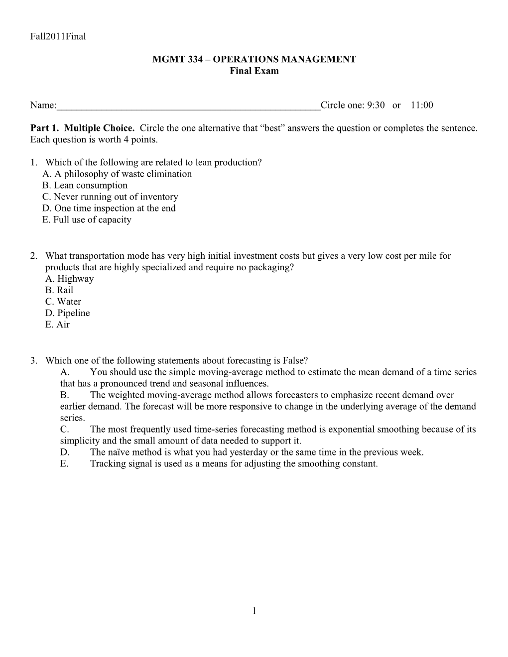 MGMT 334 OPERATIONS MANAGEMENT Final Exam