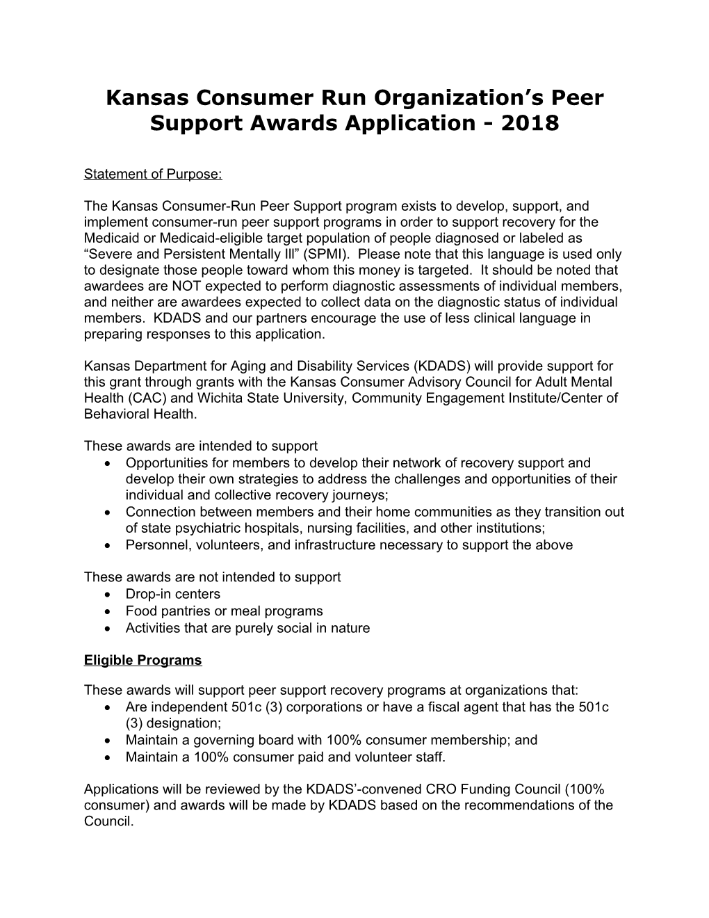 Kansas Consumer Run Organization S Peer Support Awards Application - 2018