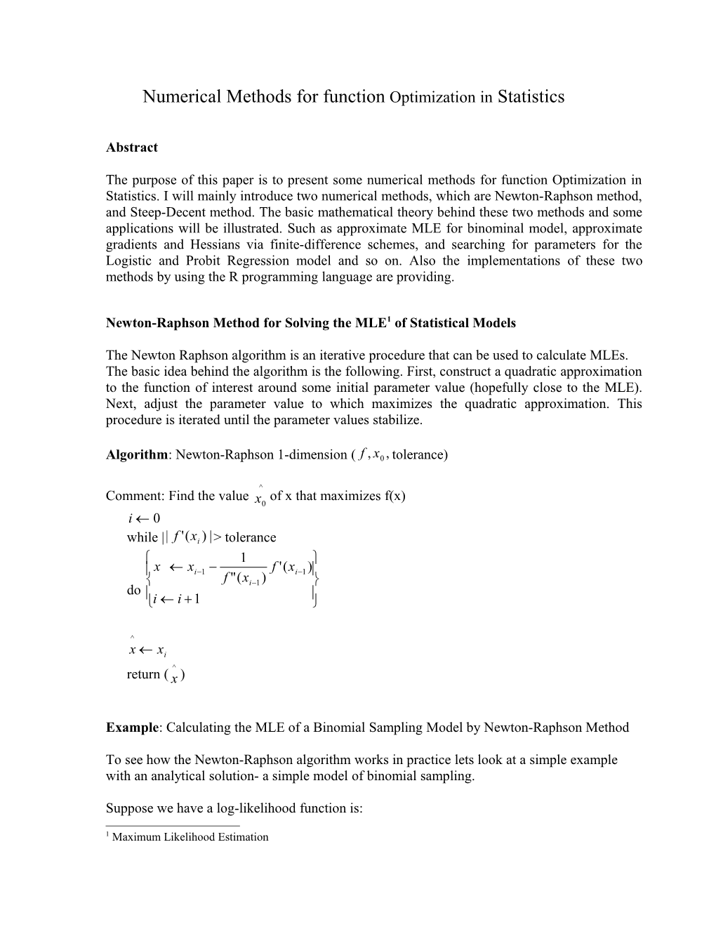 Numerical Methods for Function Optimization in Statistics