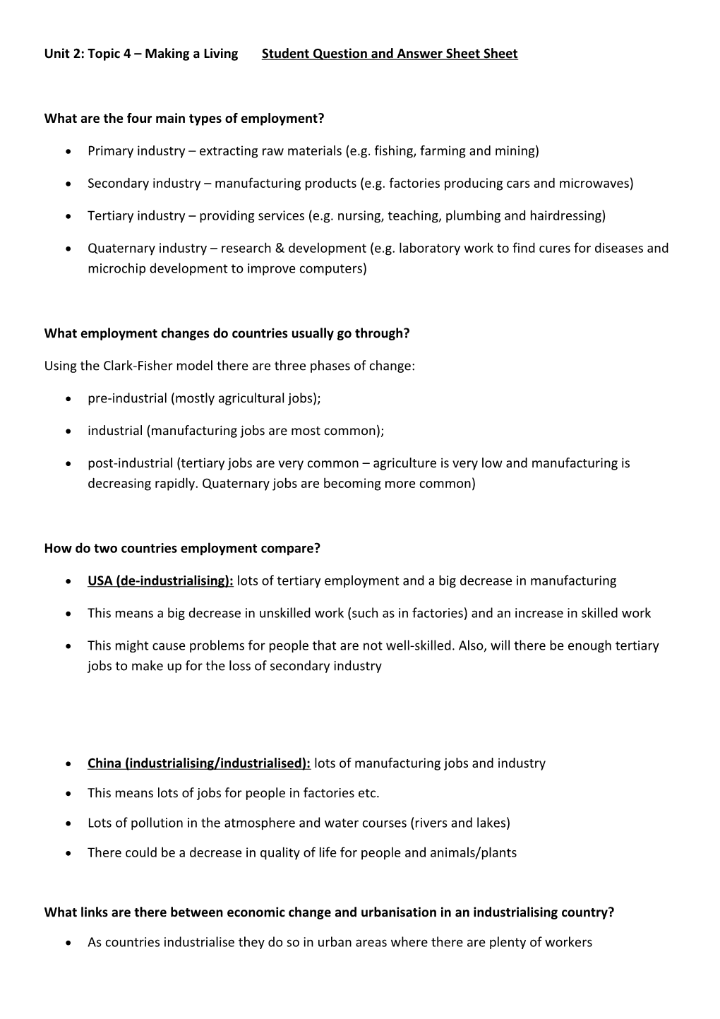 Unit 2: Topic 4 Making a Livingstudent Question and Answer Sheet Sheet