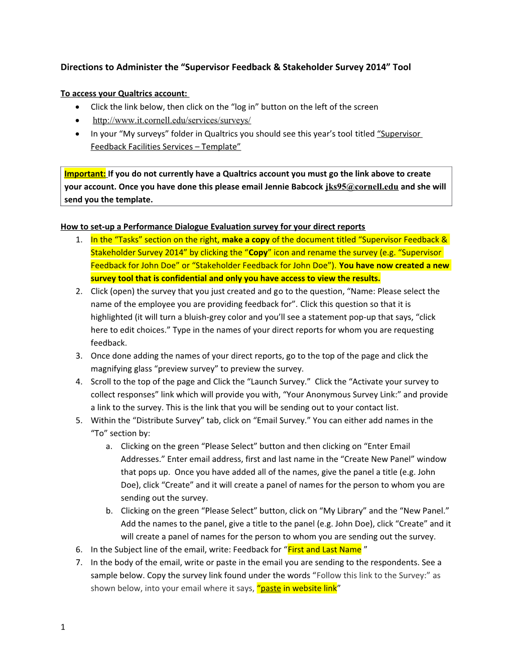 Directions to Administer the Supervisor Feedback & Stakeholder Survey 2014 Tool