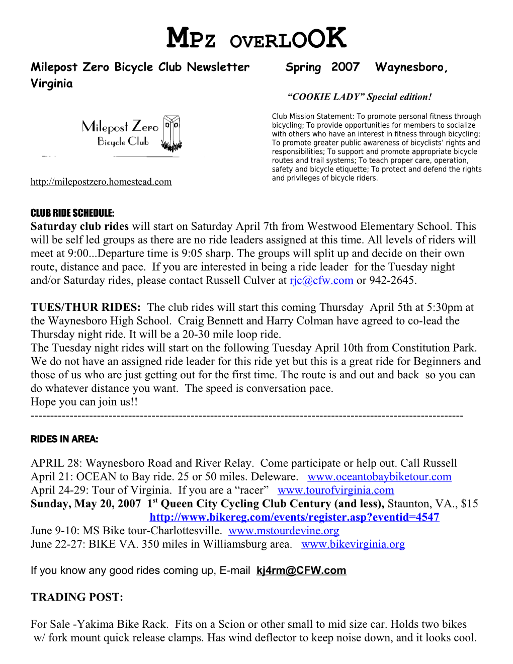 Milepost Zero Bicycle Club Newsletter Spring 2007 Waynesboro, Virginia