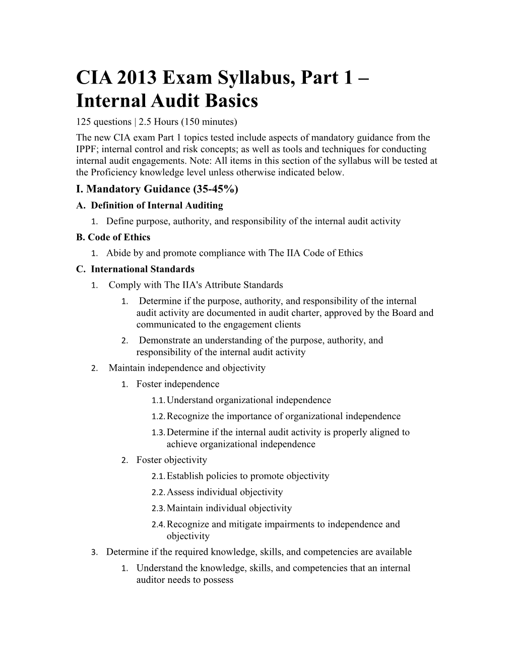 CIA 2013 Exam Syllabus, Part 1 Internal Audit Basics