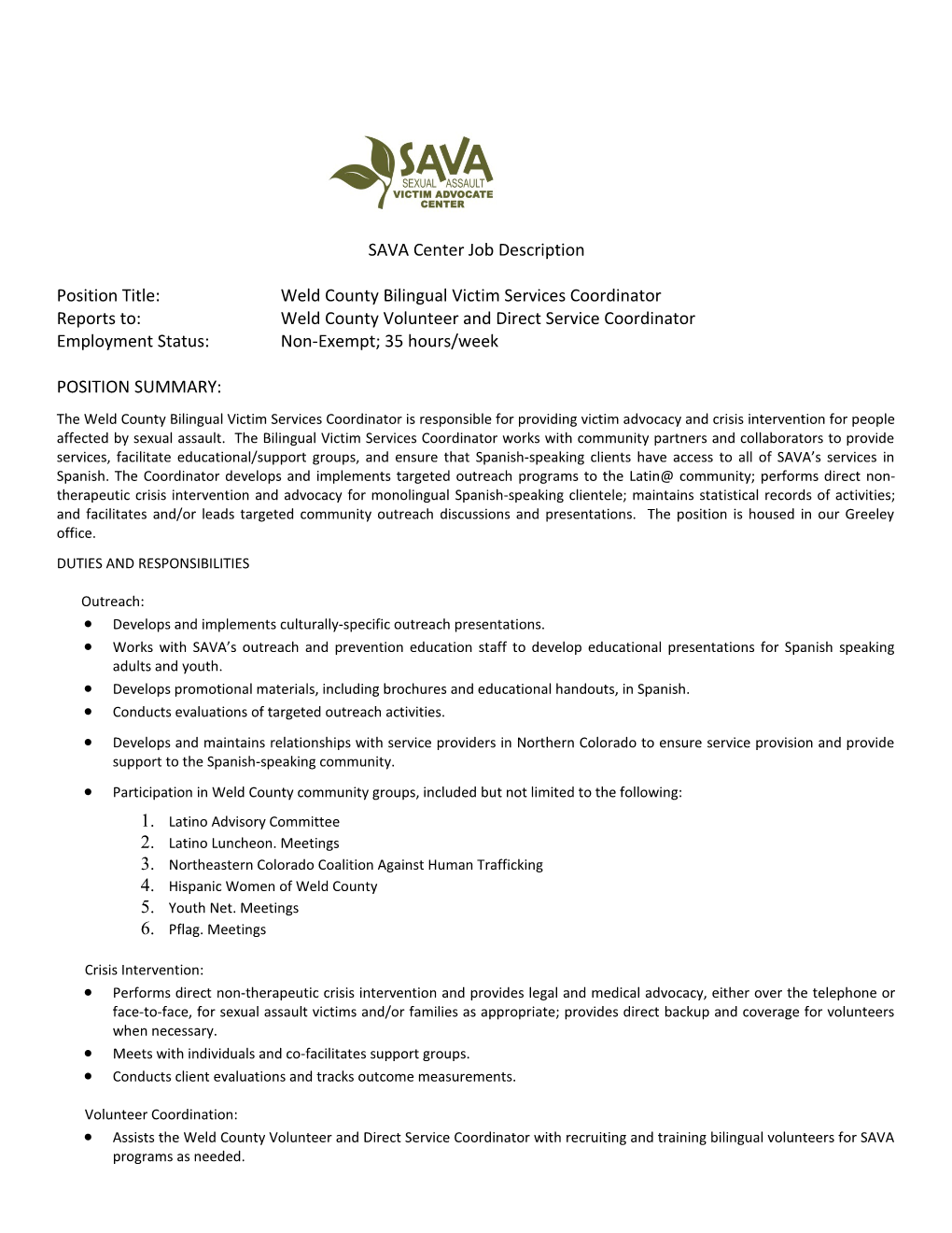 SAVA Center Job Description