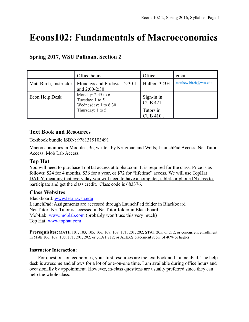 Econs 102-2, Spring 2016, Syllabus, Page 1