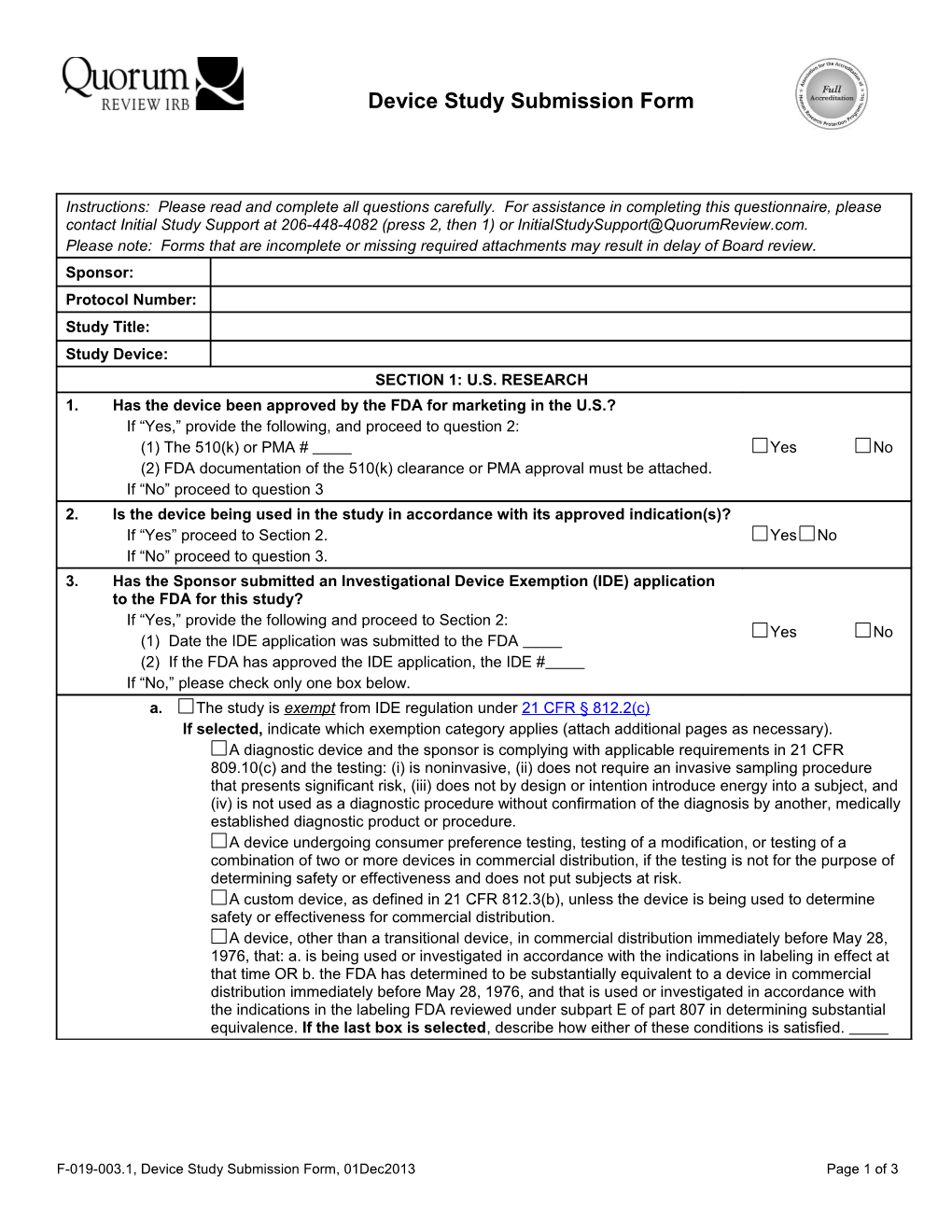 Device Study Submission Form