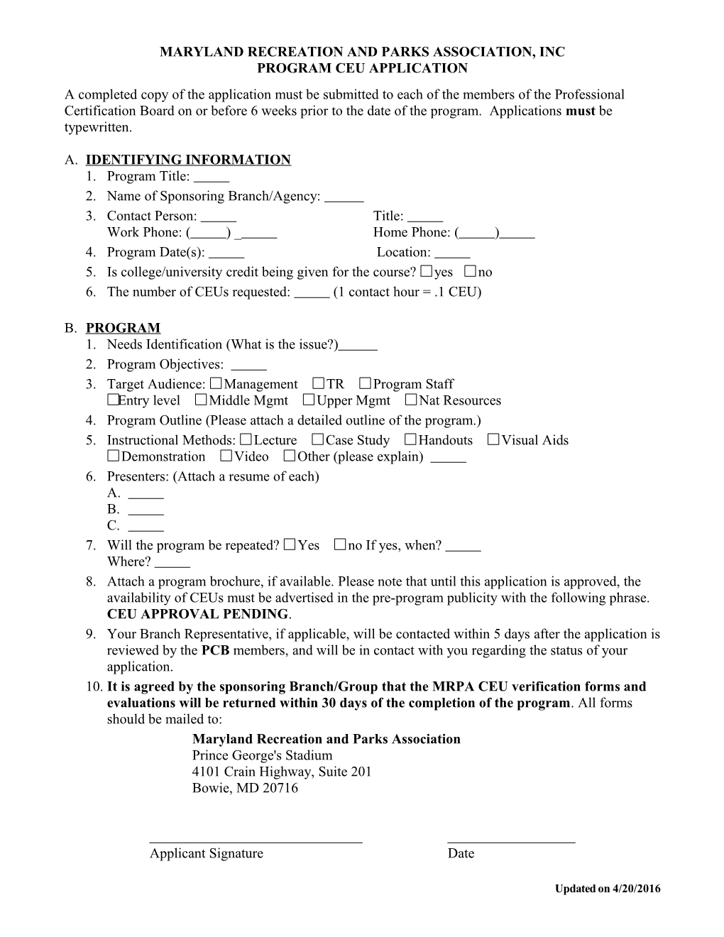 MARYLAND RECREATION and PARKS ASSOCIATION, INC CEU Application