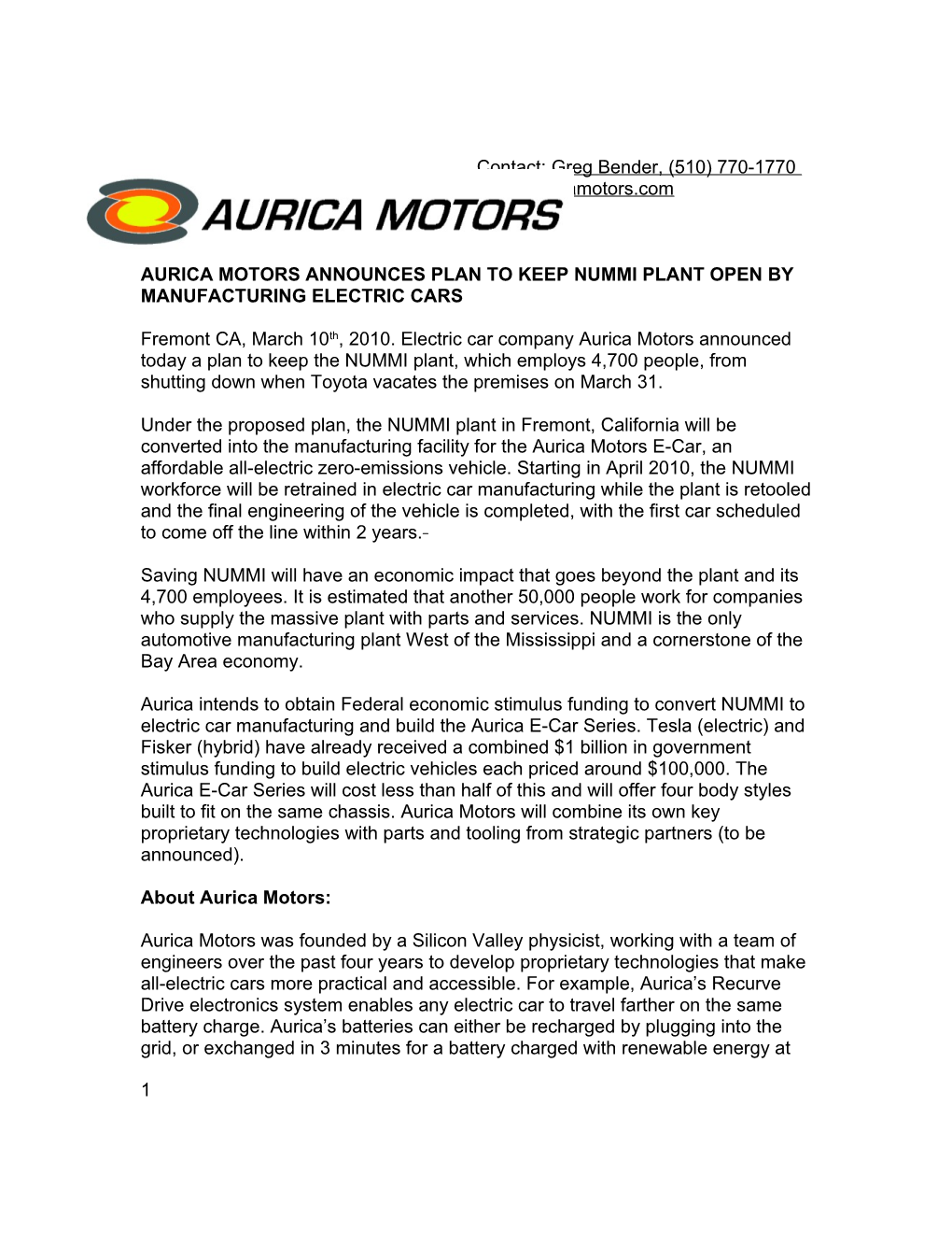 Aurica Motors Announces Plan to Keep Nummi Plant Open by Manufacturing Electric Cars