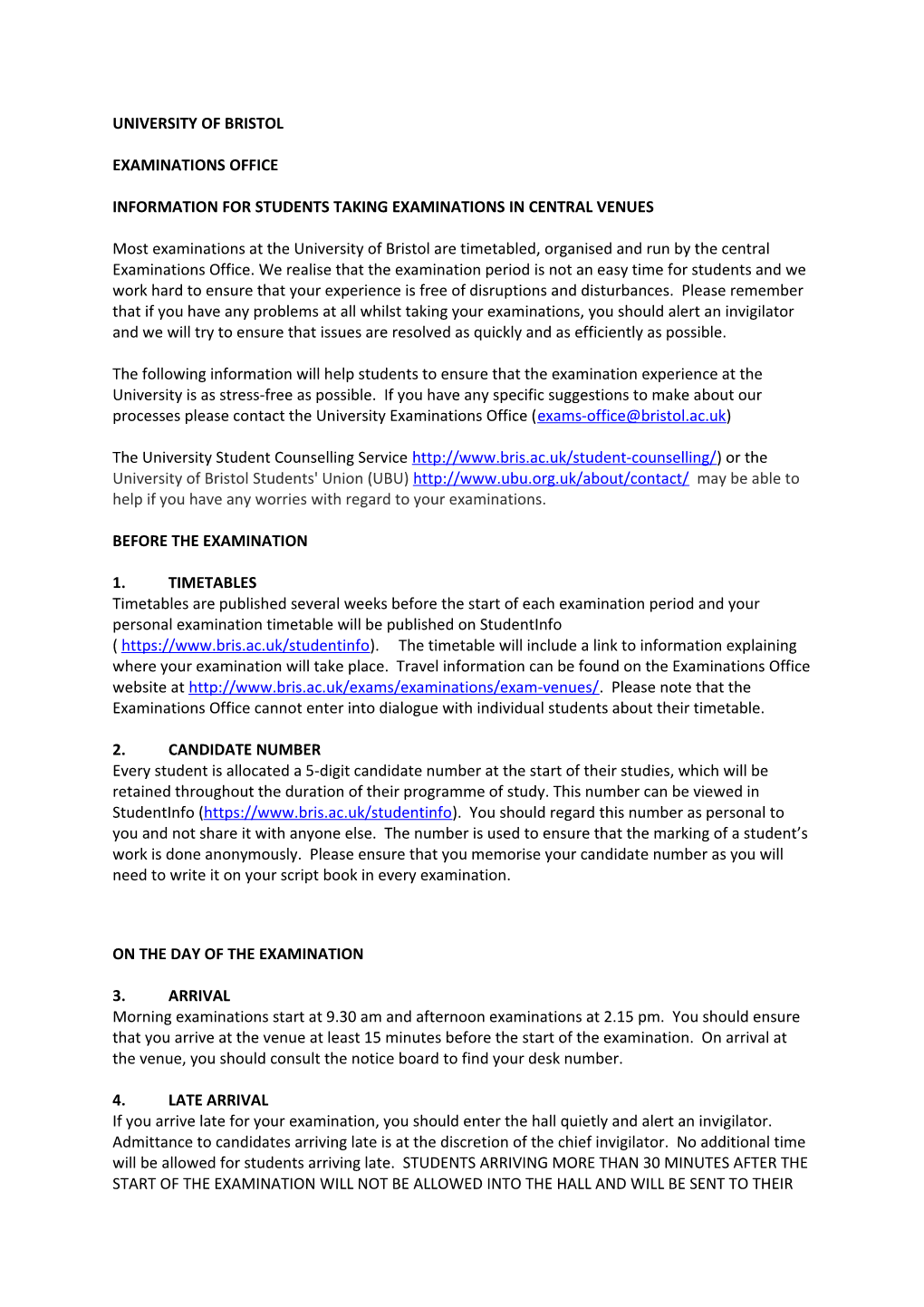 Information for Students Taking Examinations in Central Venues