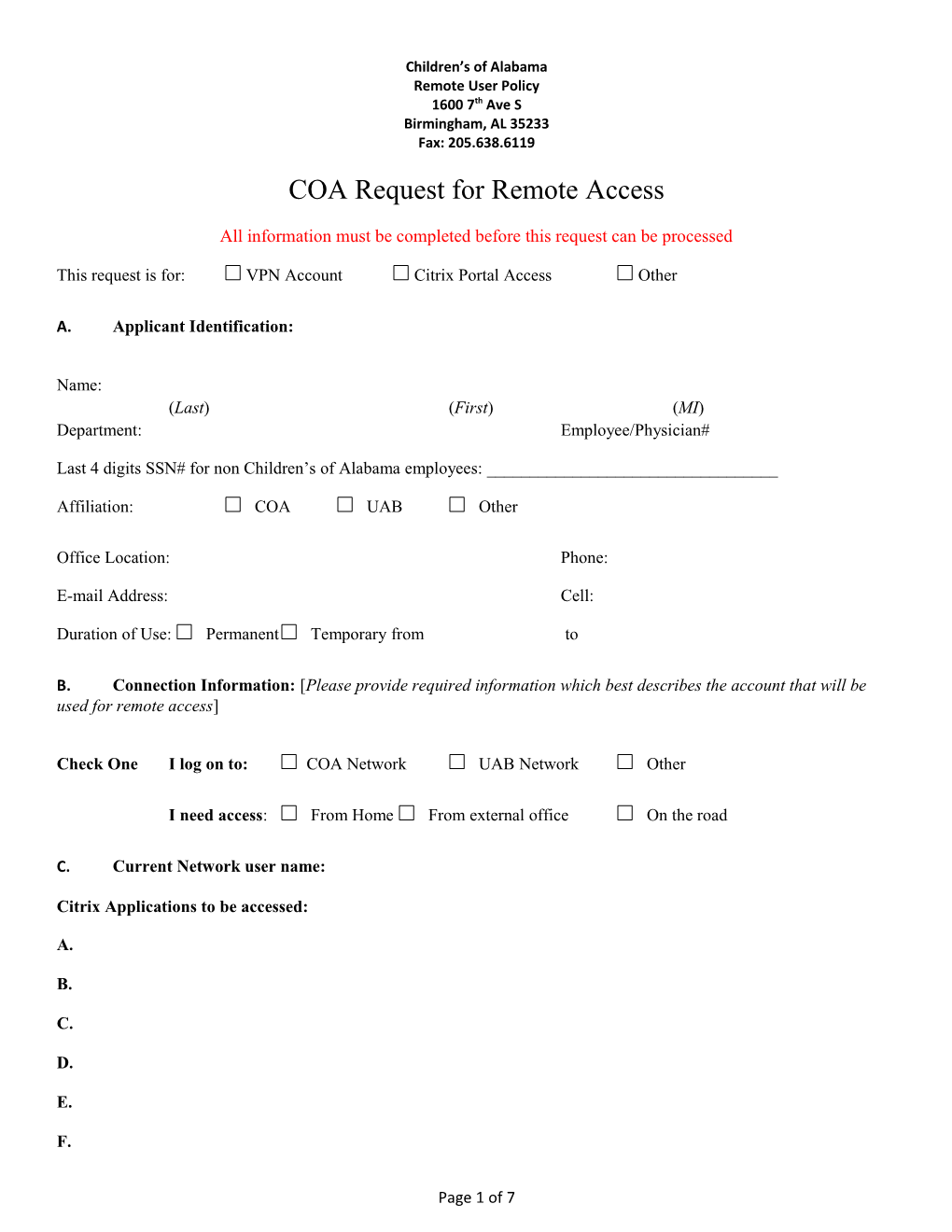 COA Request for Remote Access